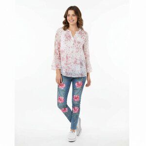 NWT $69.50 Charter Club XL White/Pink Floral Peasant Blouse Sheer Bell Sleeve